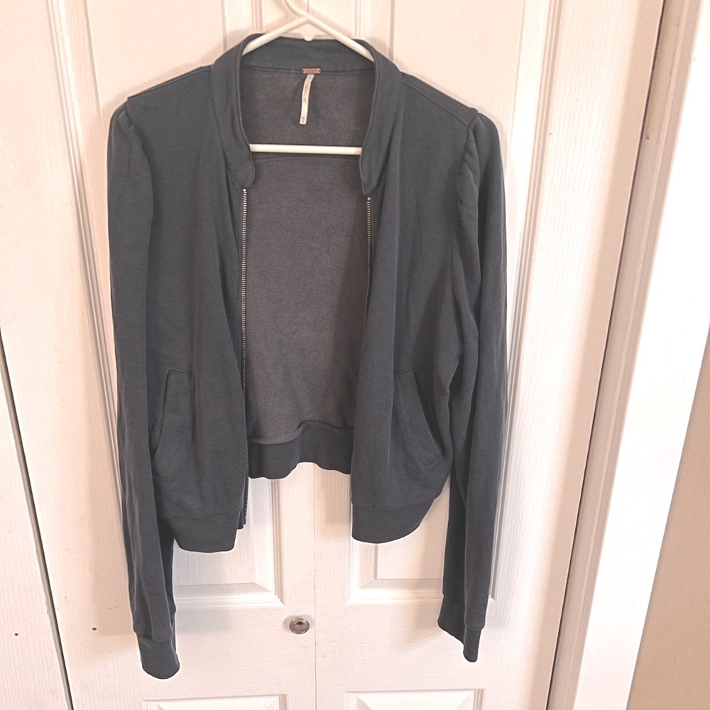 Free People: Zip Front Jacket, Slight Puffed Sleeve, Blue-Gray - Size M